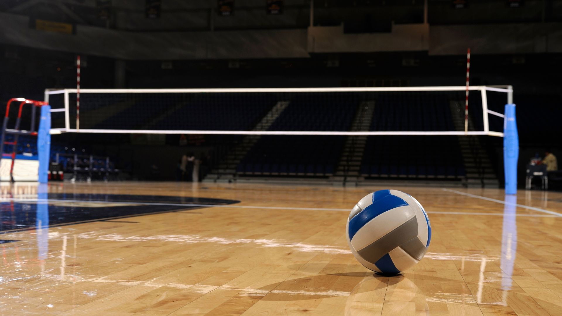 Volleyball players competing inside a packed arena